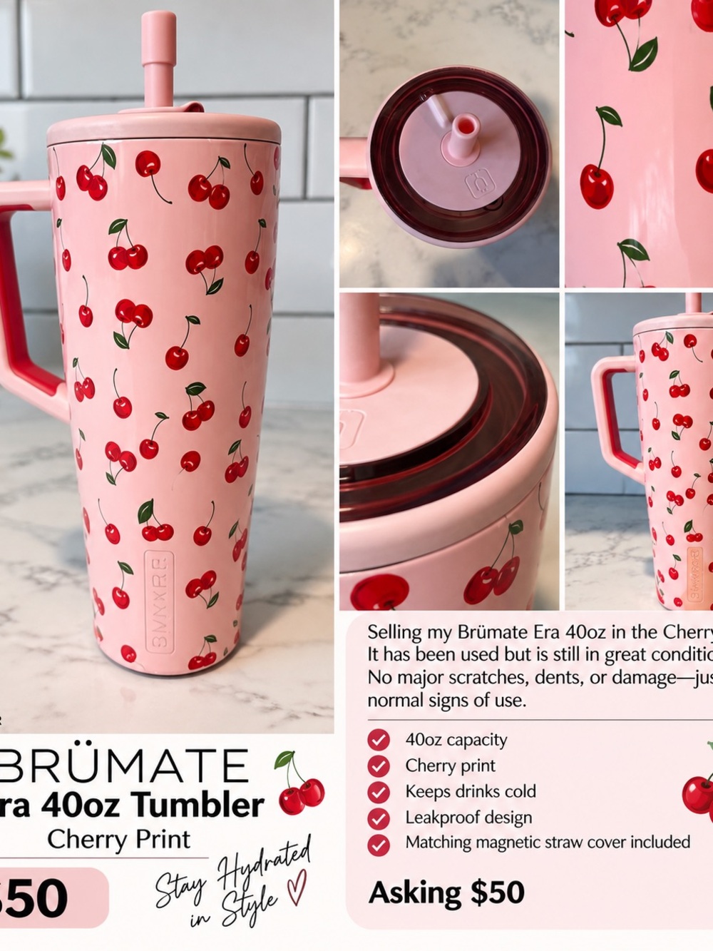 Cherry Print by BRUMATE 40oz Pink Travel Tumbler